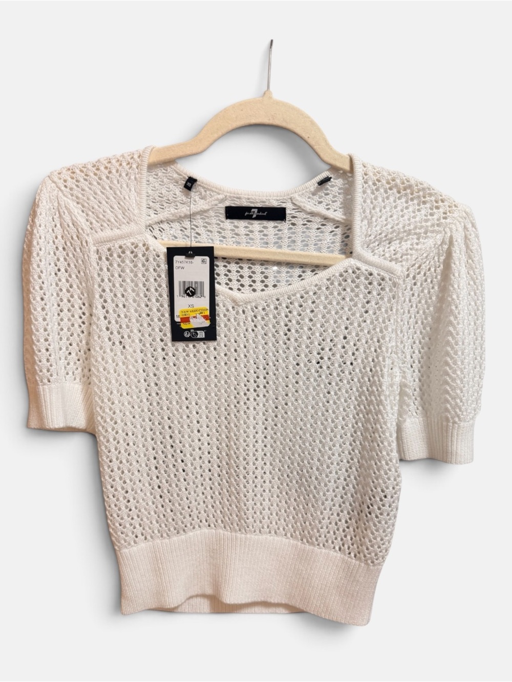 7 For All Mankind NWT Open-Knit Short Sleeve Sweater Top - White
